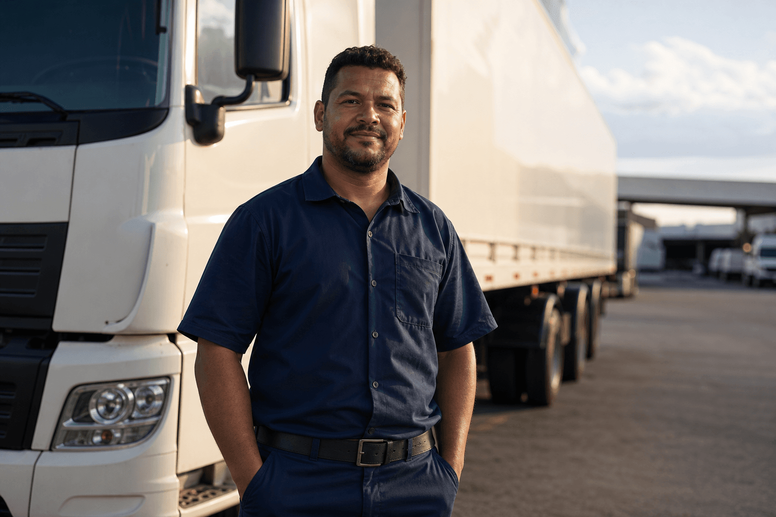Motorista da EPL Express ao lado do caminhão da frota